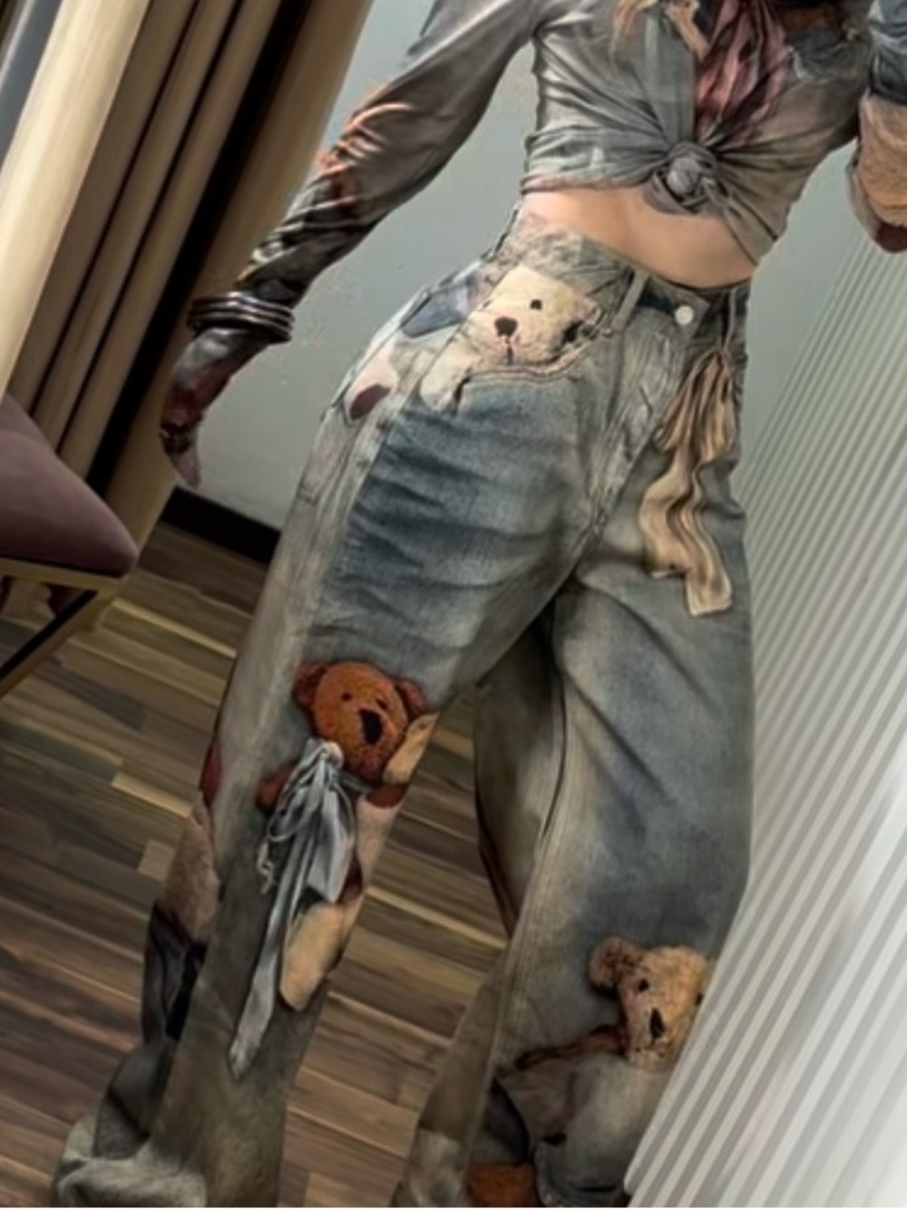 Wide-Leg Teddy Beat Print Jeans in Washed Blue and Brown